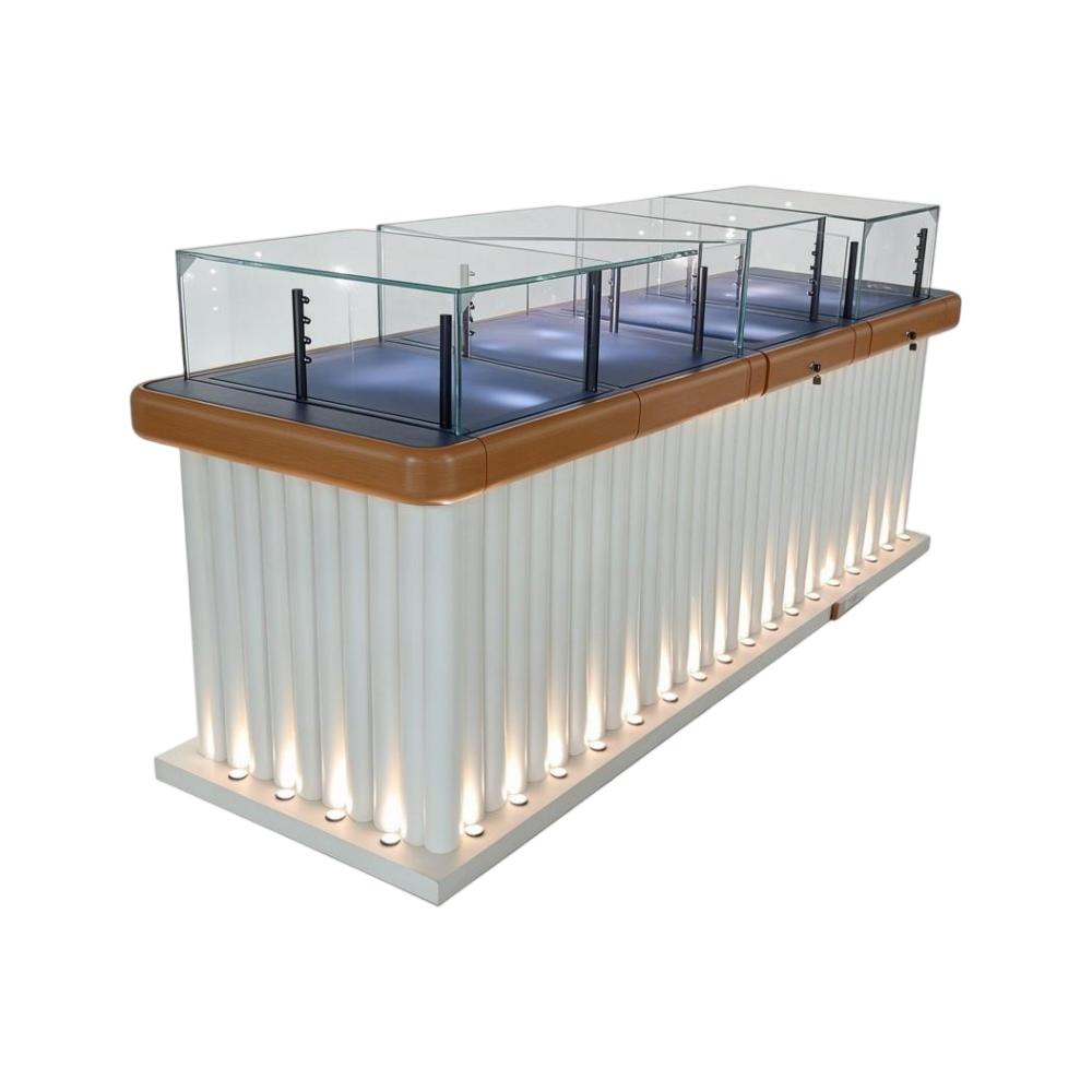 Retail Display Showcase — 3-Section White Jewelry Counter with LED Lighting
