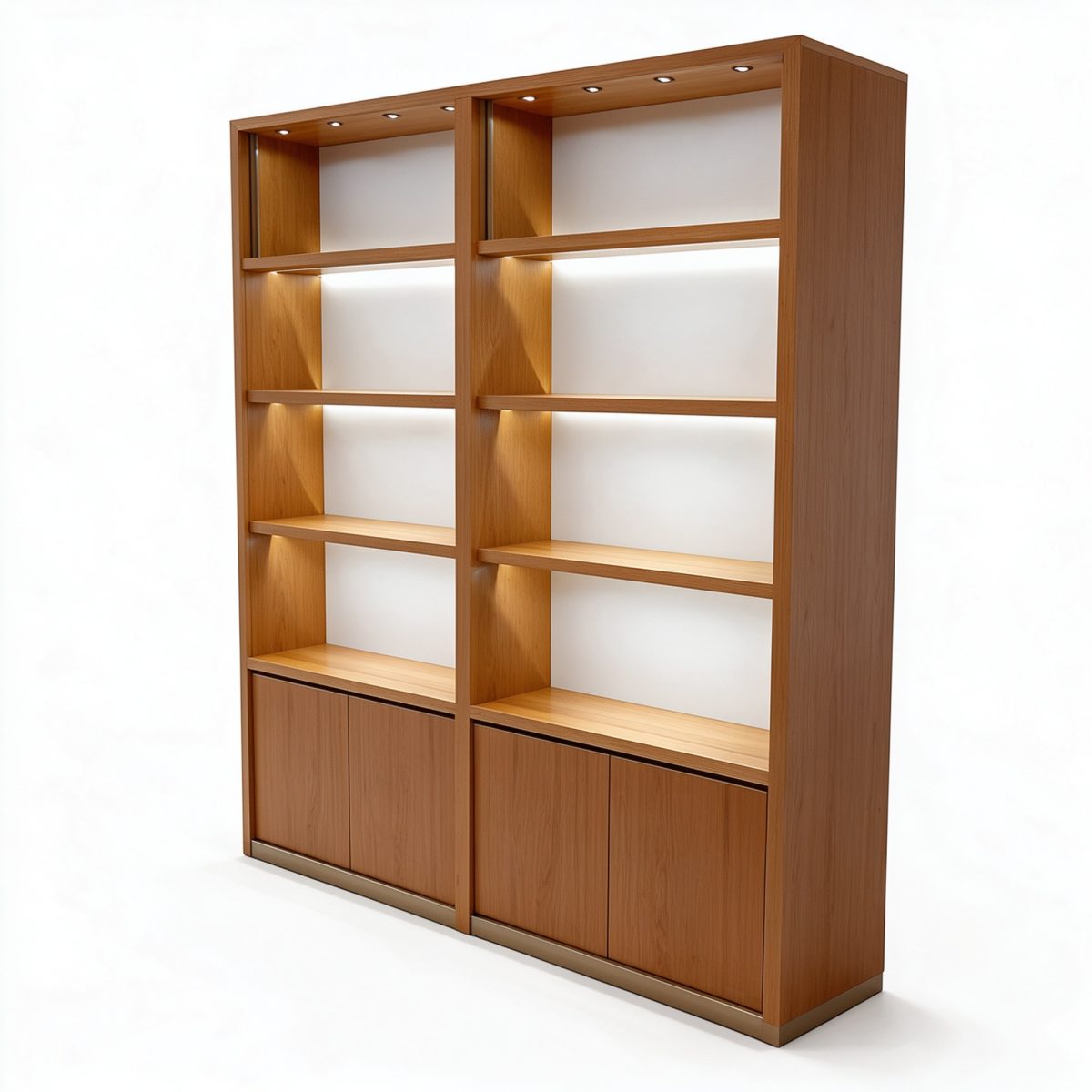 Wooden Display Cabinet — Oak Open Shelf Showcase with Storage & LED Lighting