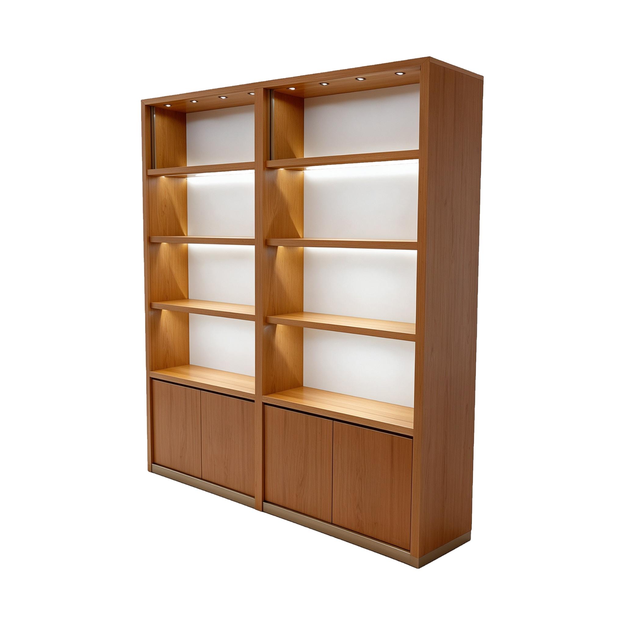 Wooden Display Cabinet — Oak Open Shelf Showcase with Storage & LED Lighting