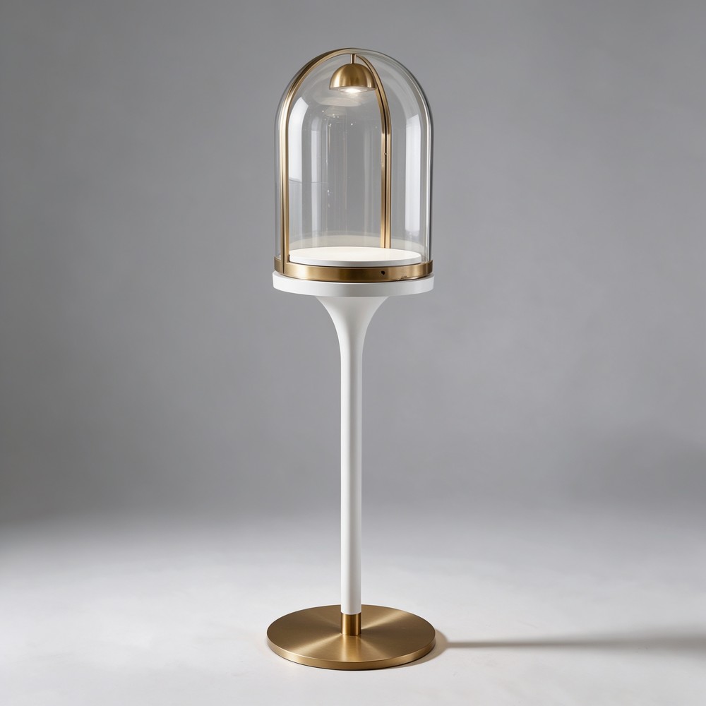 Museum Pedestal Display — Gold Dome Glass Showcase with Tall White Stand