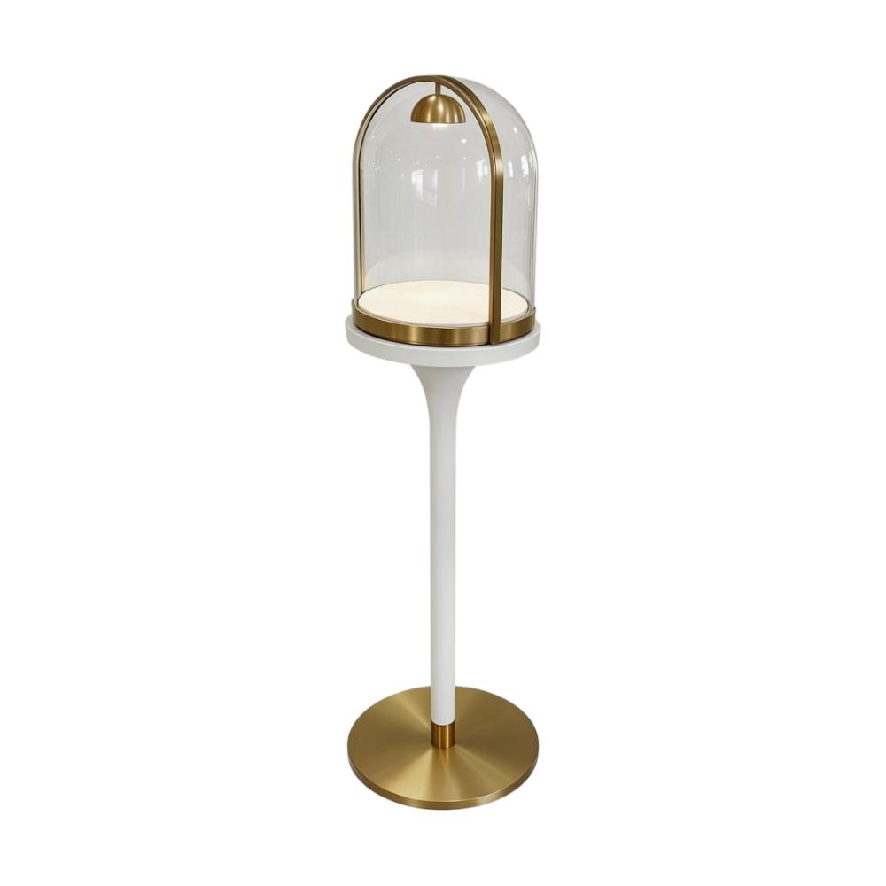 Museum Pedestal Display — Gold Dome Glass Showcase with Tall White Stand