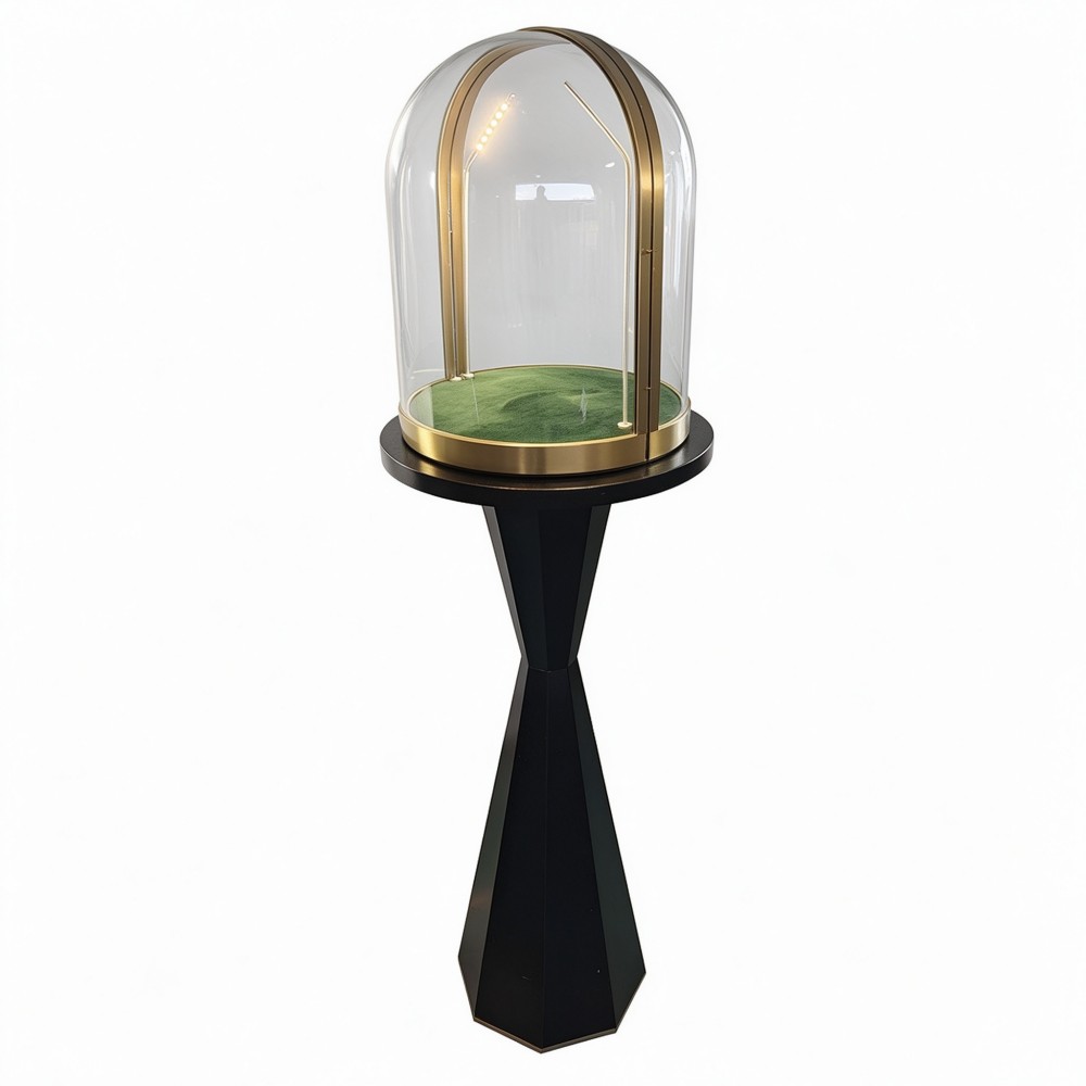 Luxury Display Pedestal — Black Hourglass Stand with Gold Dome Glass Showcase