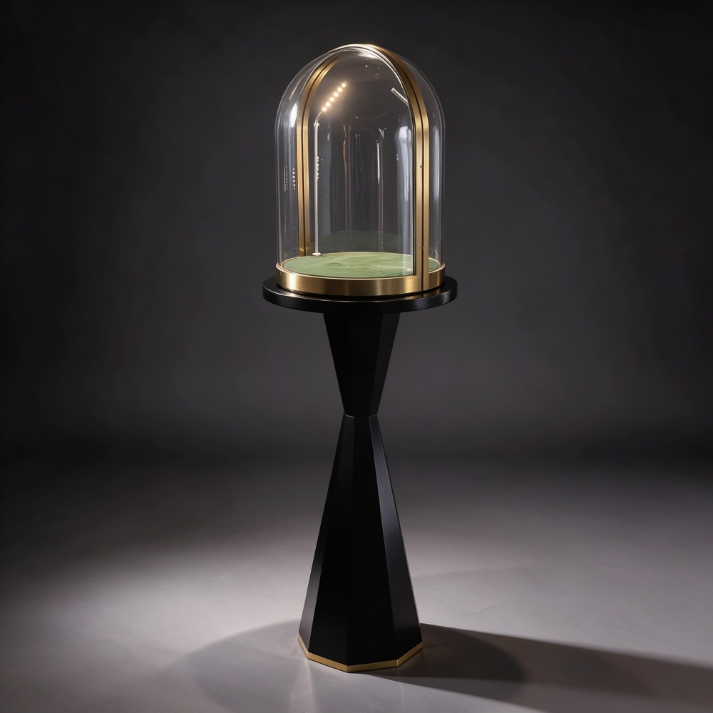 Luxury Display Pedestal — Black Hourglass Stand with Gold Dome Glass Showcase