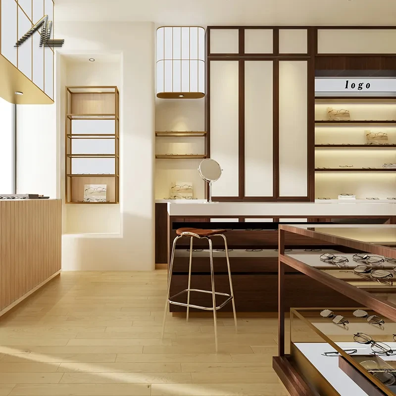 Eyeglasses display case program with a grid-back gallery wall, a timber island and niche shelving under a wood-lined ceiling
