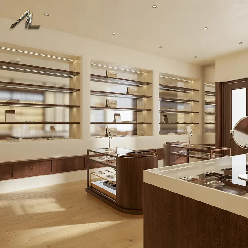Niche shelving, an arc glass-dome island and a stone-top service desk in a quiet-luxury eyewear boutique