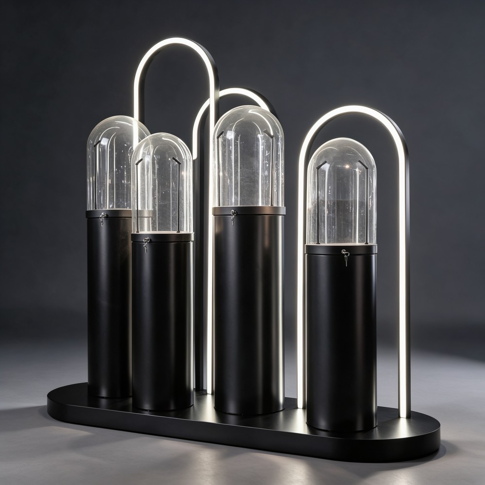 Retail Display Stand — 4-Pillar Arched LED Showcase with Lockable Glass Domes