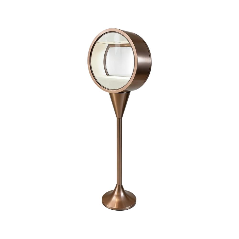 Round Glass Display Case — Rose Gold Drum Showcase on Pedestal Stand with LED Spotlight