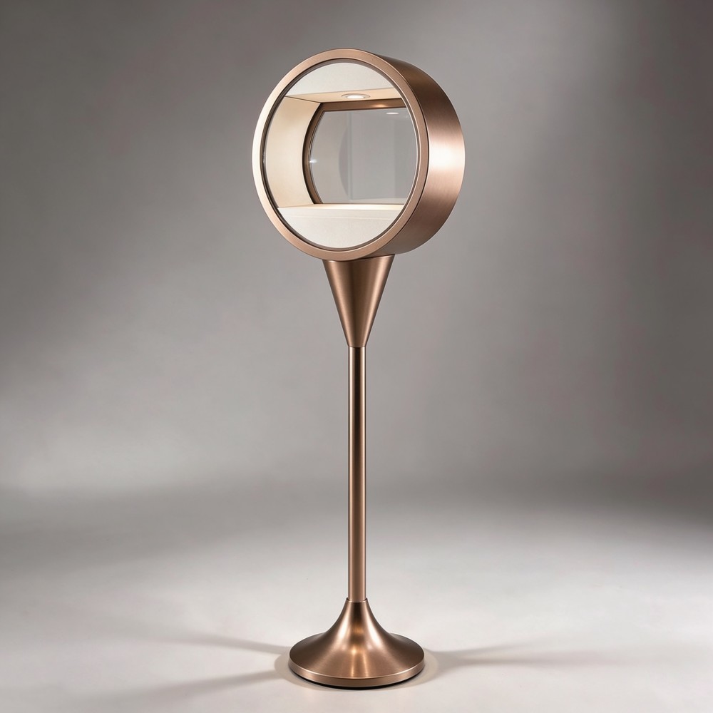 Round Glass Display Case — Rose Gold Drum Showcase on Pedestal Stand with LED Spotlight