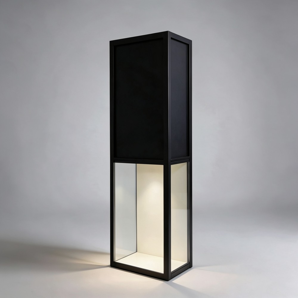 Square Display Case — Black Two-Tier Pedestal Showcase with LED Lighting