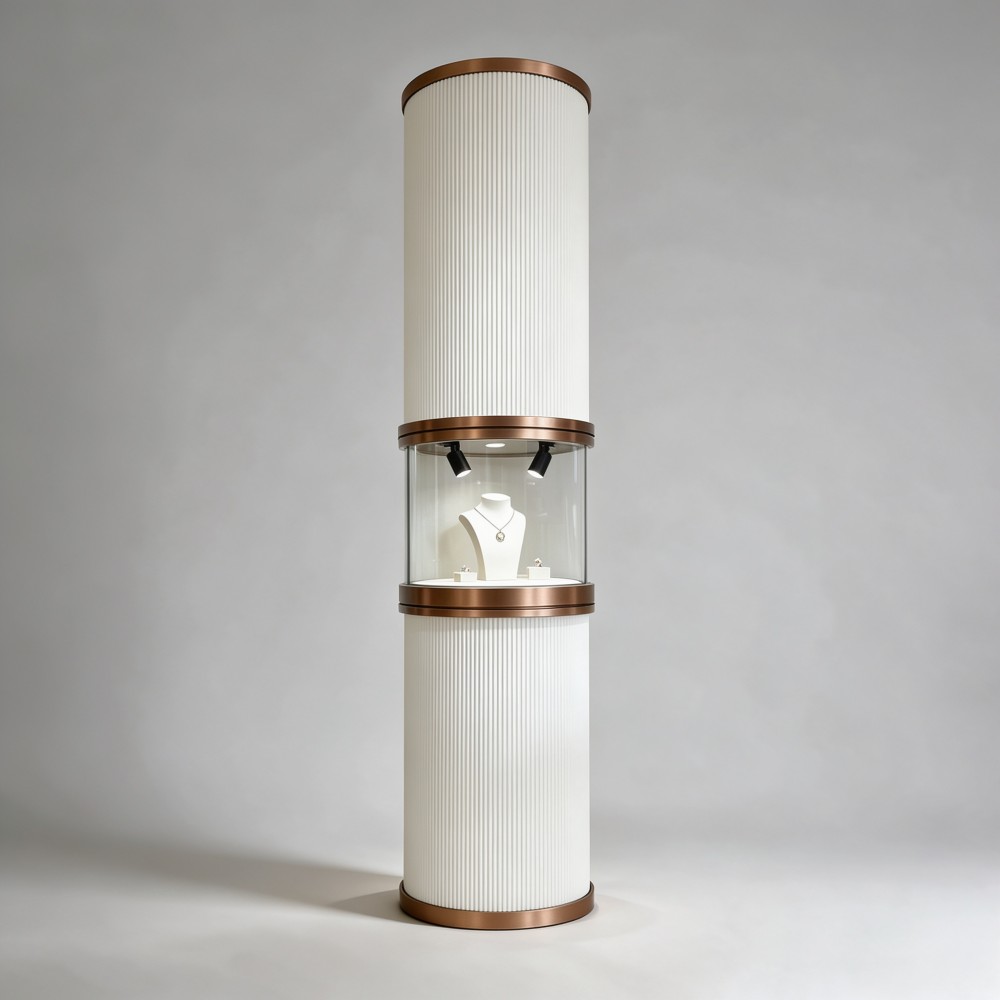 Tall Display Case — Cylindrical White & Rose Gold Jewelry Showcase with LED Lighting