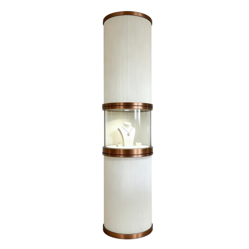 Tall Display Case — Cylindrical White & Rose Gold Jewelry Showcase with LED Lighting