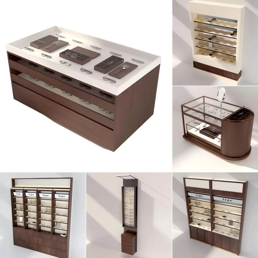 Eyeglasses display case towers with lit white back panels, a glass-dome island and brass drawers in a walnut boutique
