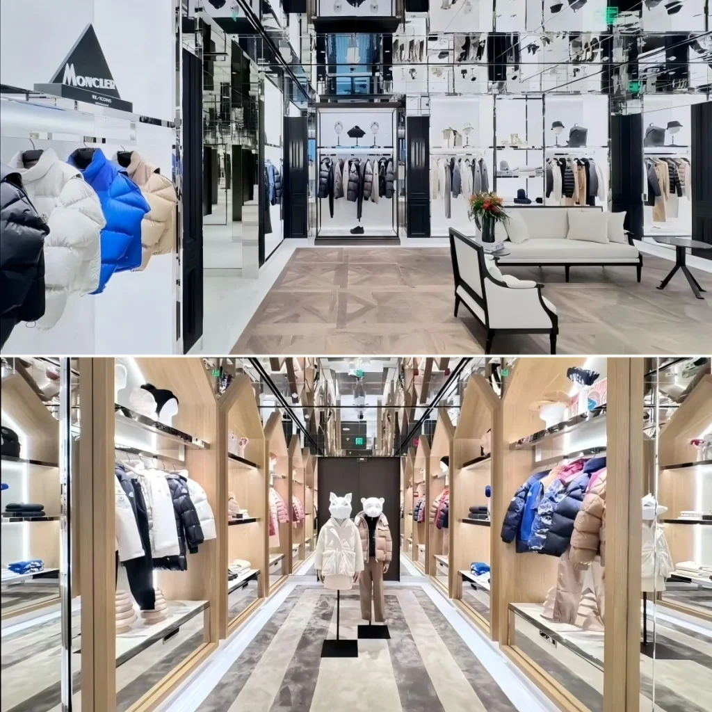 Bekleidungs-Vitrinenprogramm für ein Zwei-Zonen-Outerwear-Boutique: hinterleuchtete Vitrinenwände in einer verspiegelten Galeriezone und eine warme Gasse aus Holz-Bogenkabinen
