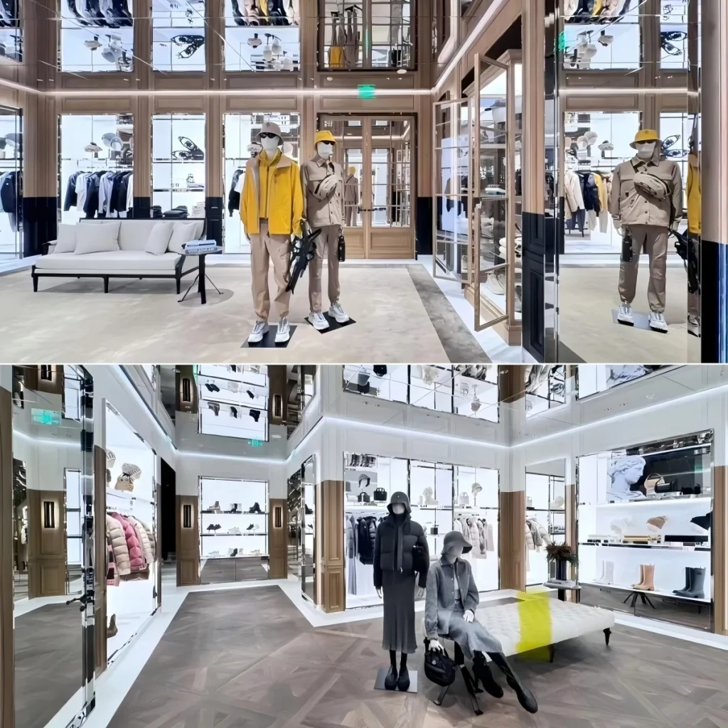 Glas-Bekleidungsvitrinen mit integrierter LED-Regalbodeneleuchtung für Schuhe, Taschen und Accessoires, Schaufensterpuppen-Inszenierung und cremefarbener Bankette in einem doppelstöckigen Boutique-Geschäft