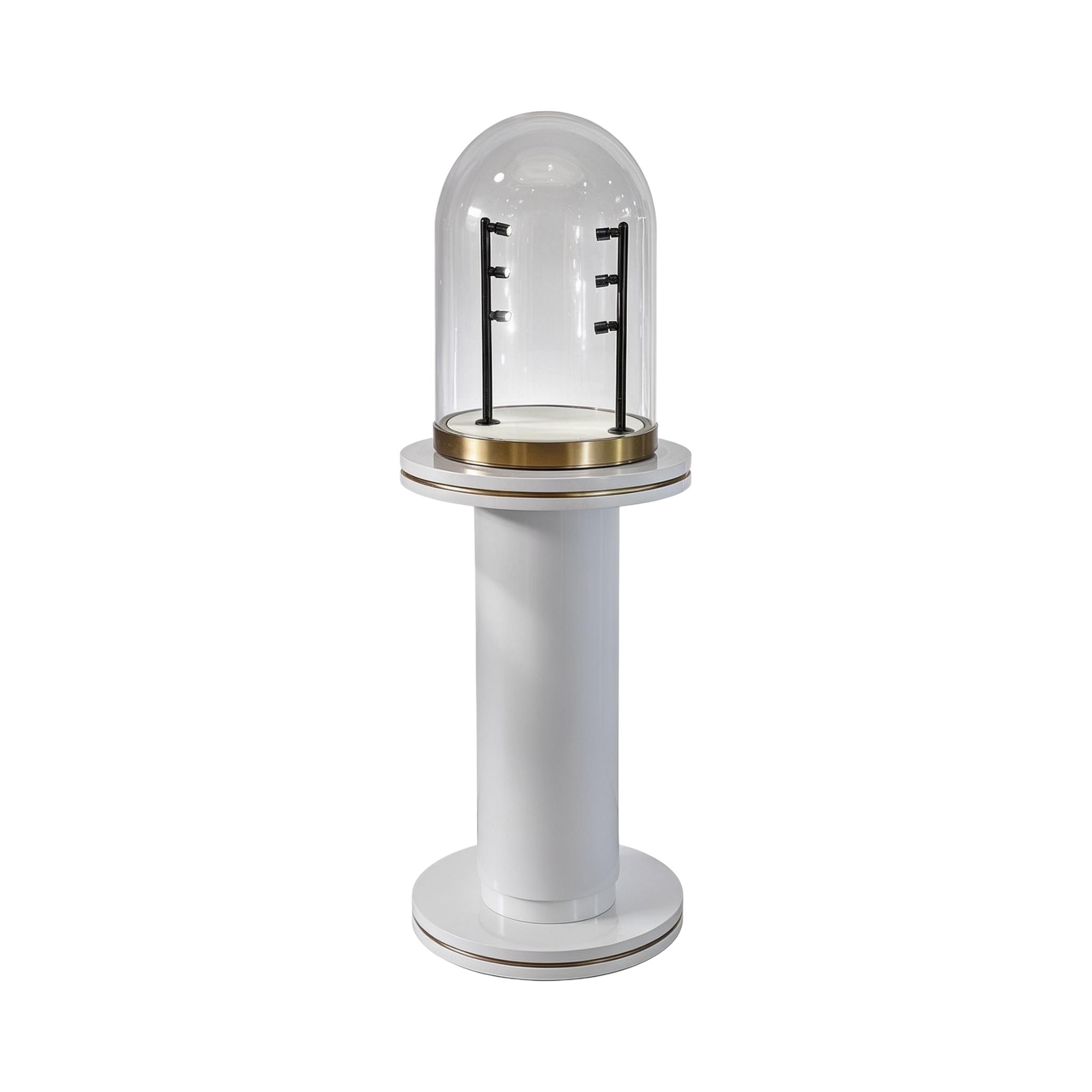 White Display Stand — Cylindrical Glass Dome Pedestal with Gold Trim & LED Spotlights