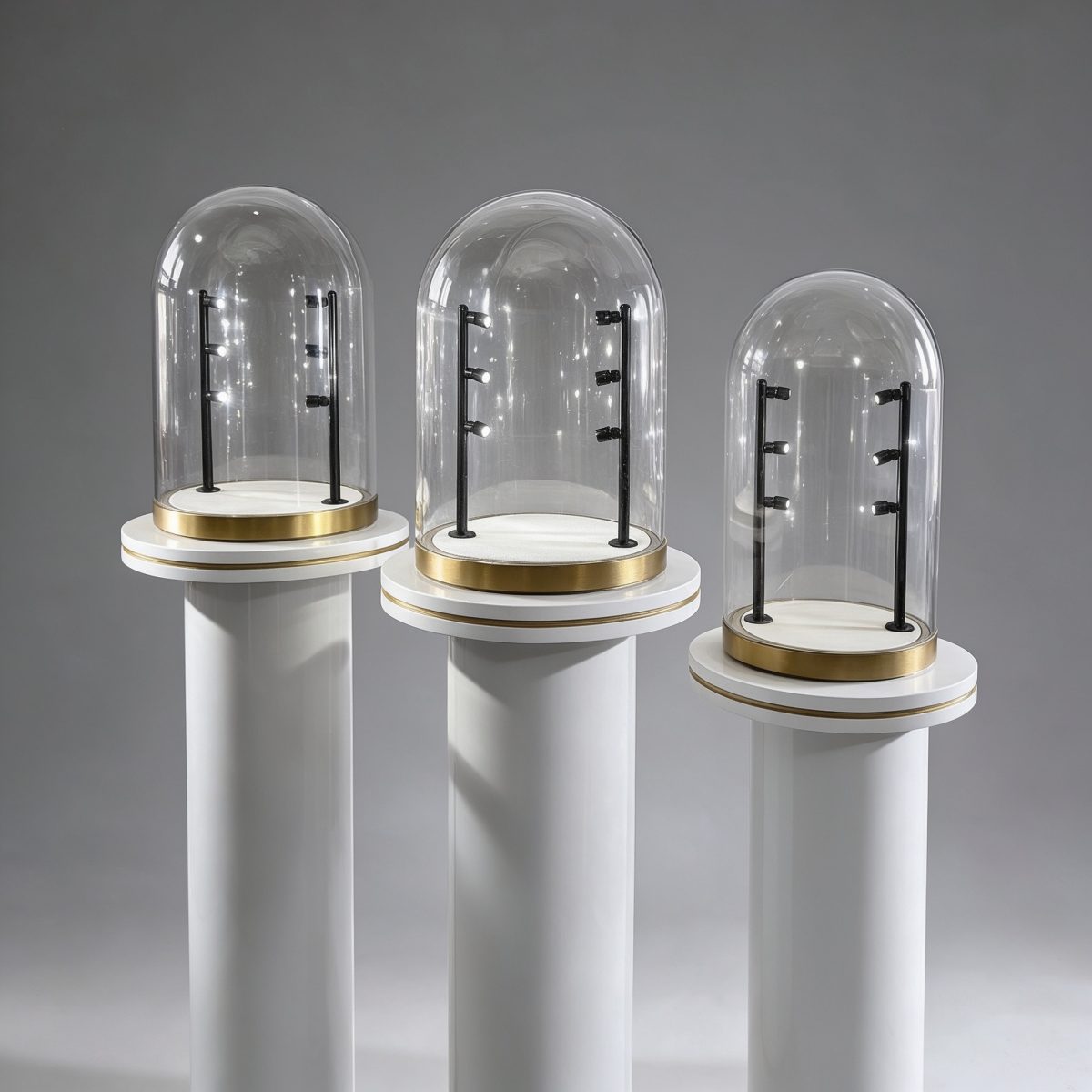White Display Stand — Cylindrical Glass Dome Pedestal with Gold Trim & LED Spotlights