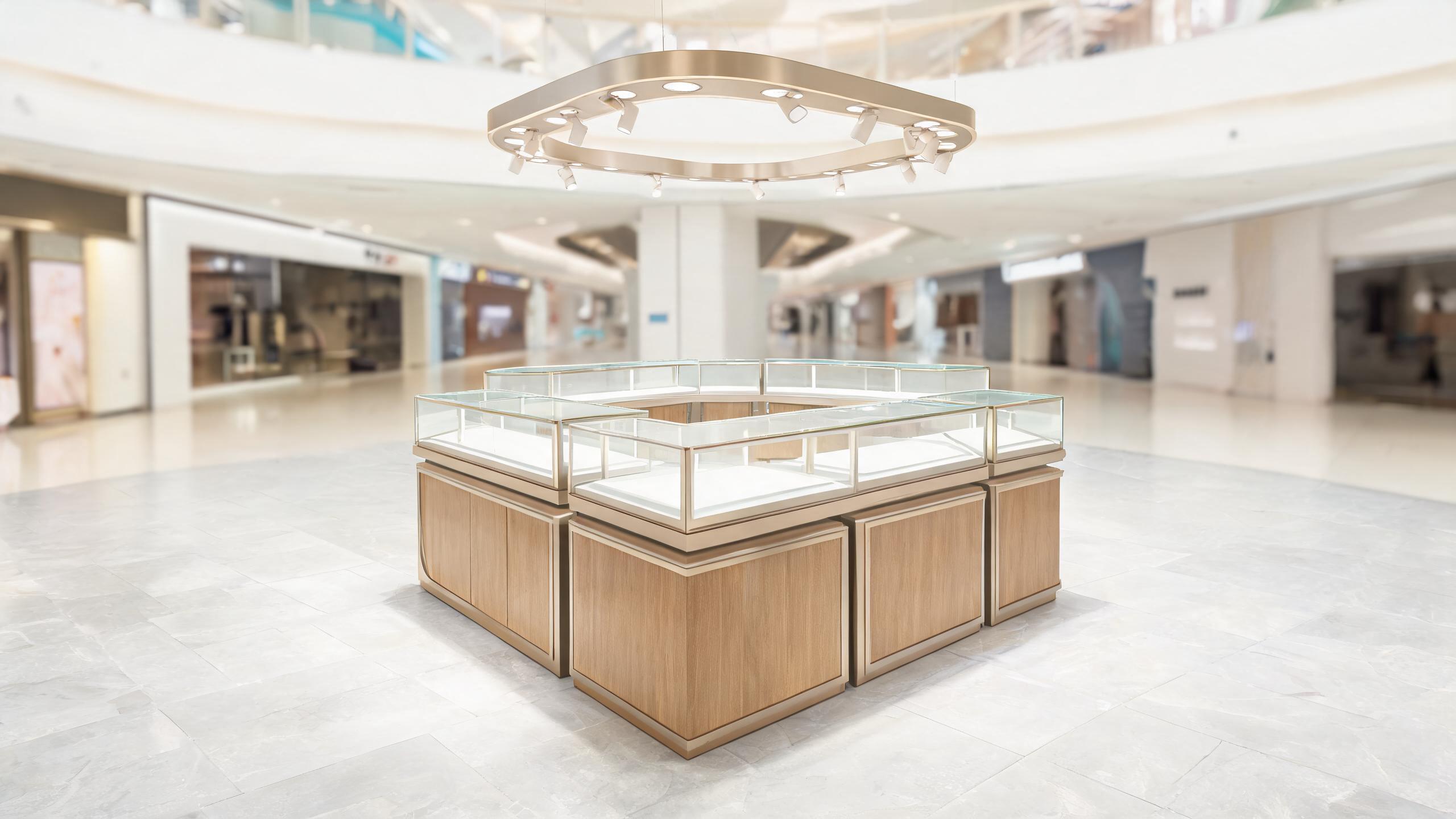Island kiosk format with a central counter and display faces on all four sides