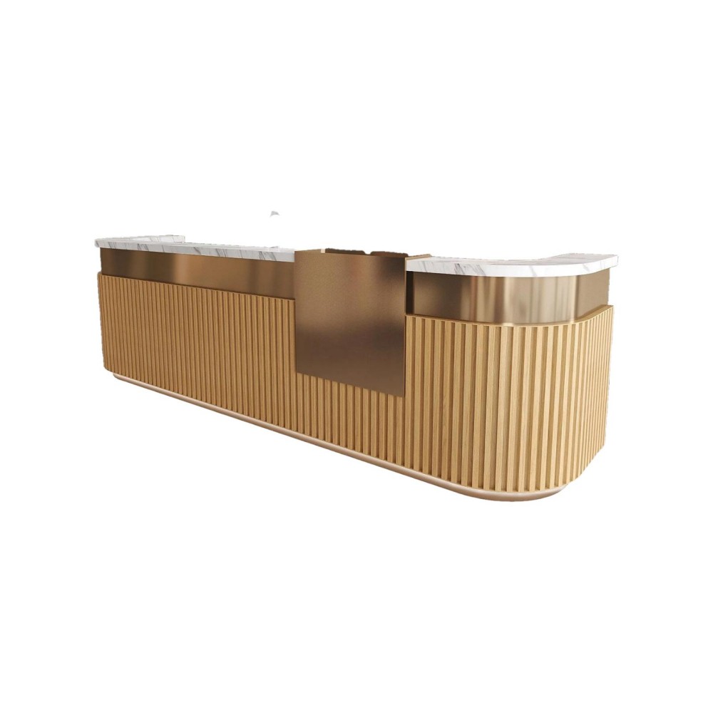 Meja konter coffee shop dengan light oak fluted curved front, marble top putih, dan antique brass band di atas latar putih