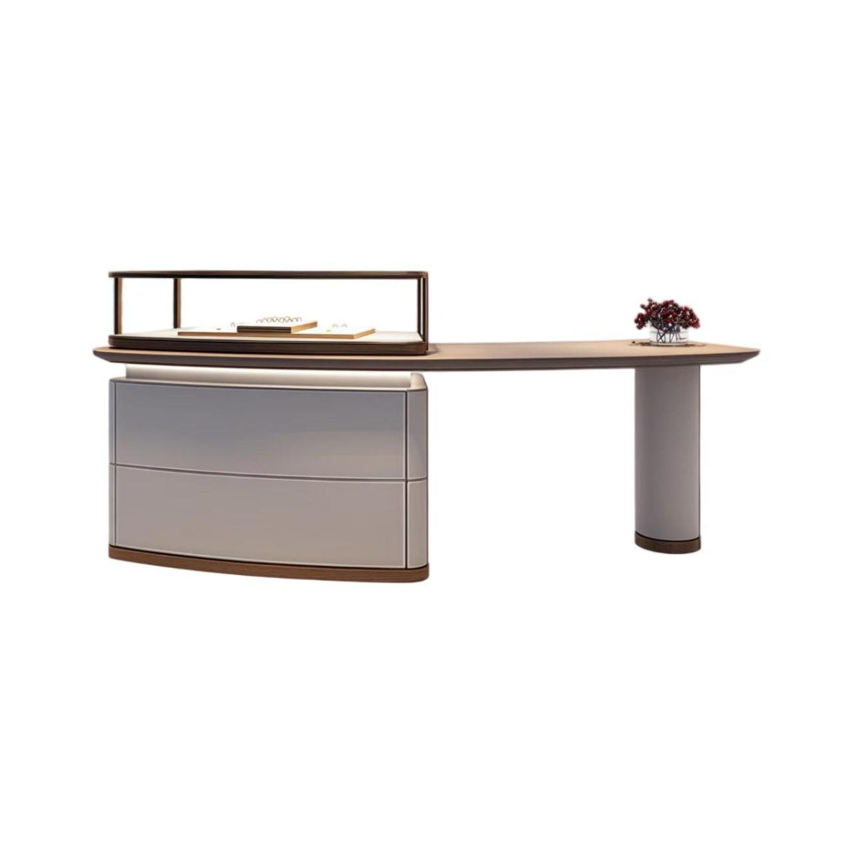 Mostrador con vitrina de cristal DC-82 en laca de alto brillo gris perla con encimera de nogal, campana de vitrina de cristal con marco de bronce y base de almacenamiento con dos cajones, sobre fondo blanco
