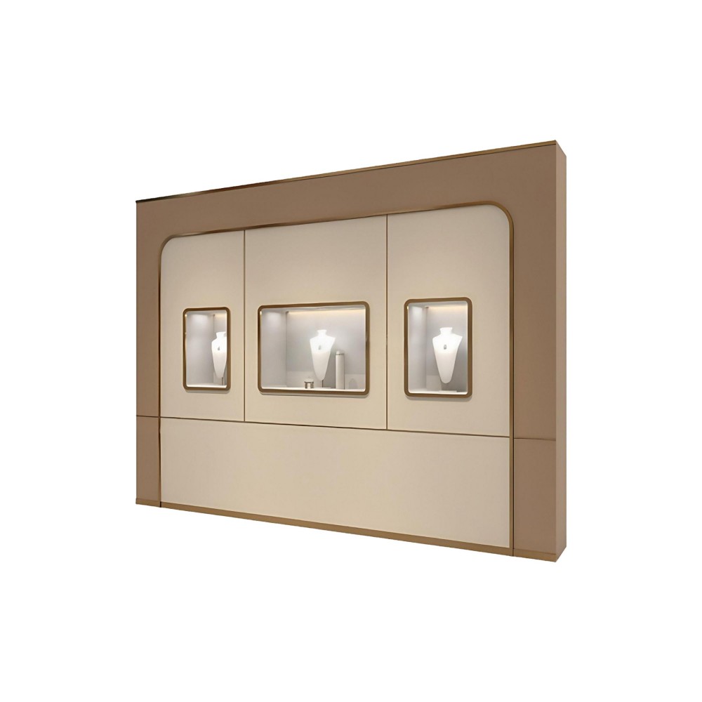 Vitrina con puertas de cristal DC-80 en laca color crema y camel con tres ventanas expositoras de cristal retroiluminadas y puertas de almacenamiento inferiores, sobre fondo blanco