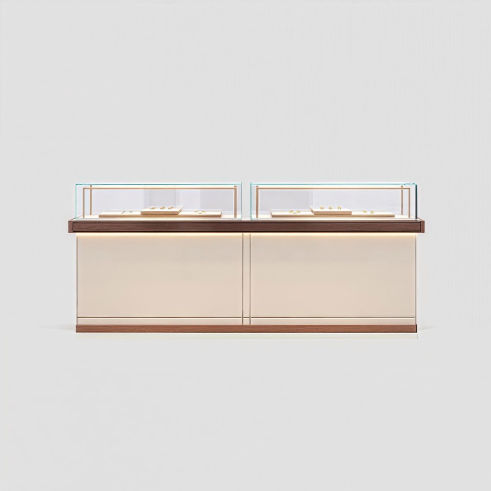 Display showcase counter in cream lacquer with two glass display cases on top, on a white background