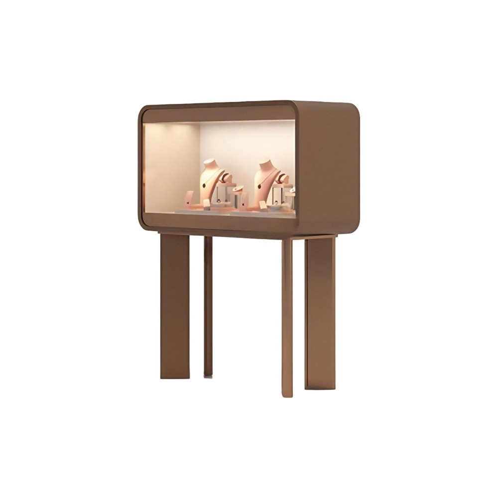 Glass display case with lights in a bronze rounded-corner frame on four legs, on a white background