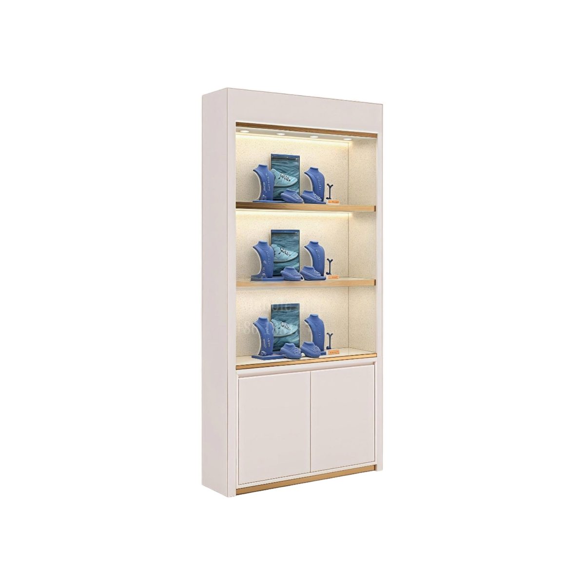 Vitrina expositora iluminada DC-83 en laca blanco hueso con ribete de roble claro, tres niveles de exposición iluminados y una base de almacenamiento de dos puertas, sobre fondo blanco