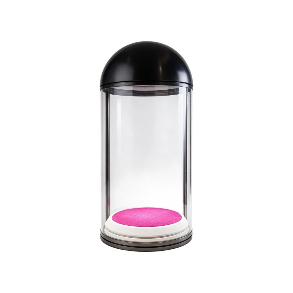 Rotating jewelry display tower with a black hemisphere dome top, clear glass cylinder cover and magenta velvet turntable, on a white background