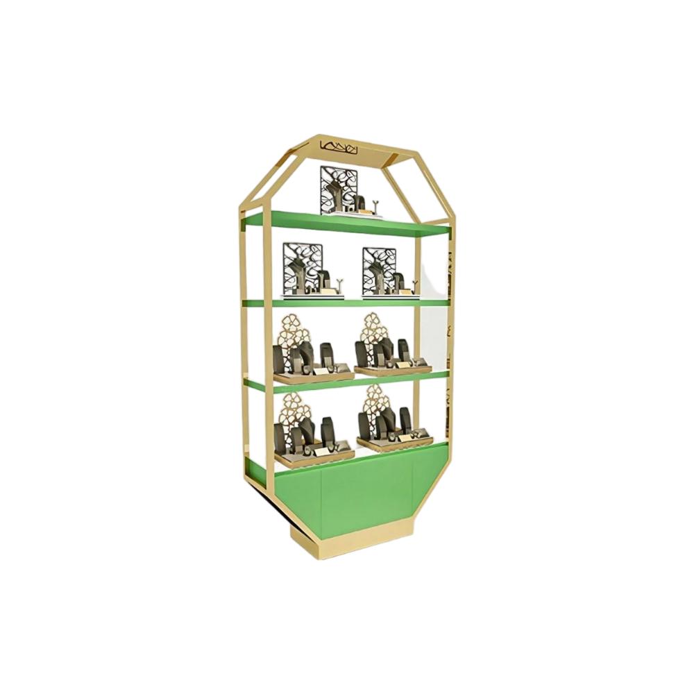 Tiered display stand DD-36 in champagne gold and apple green, a freestanding four-tier jewelry display tower with a pitched lattice roof, on a white background