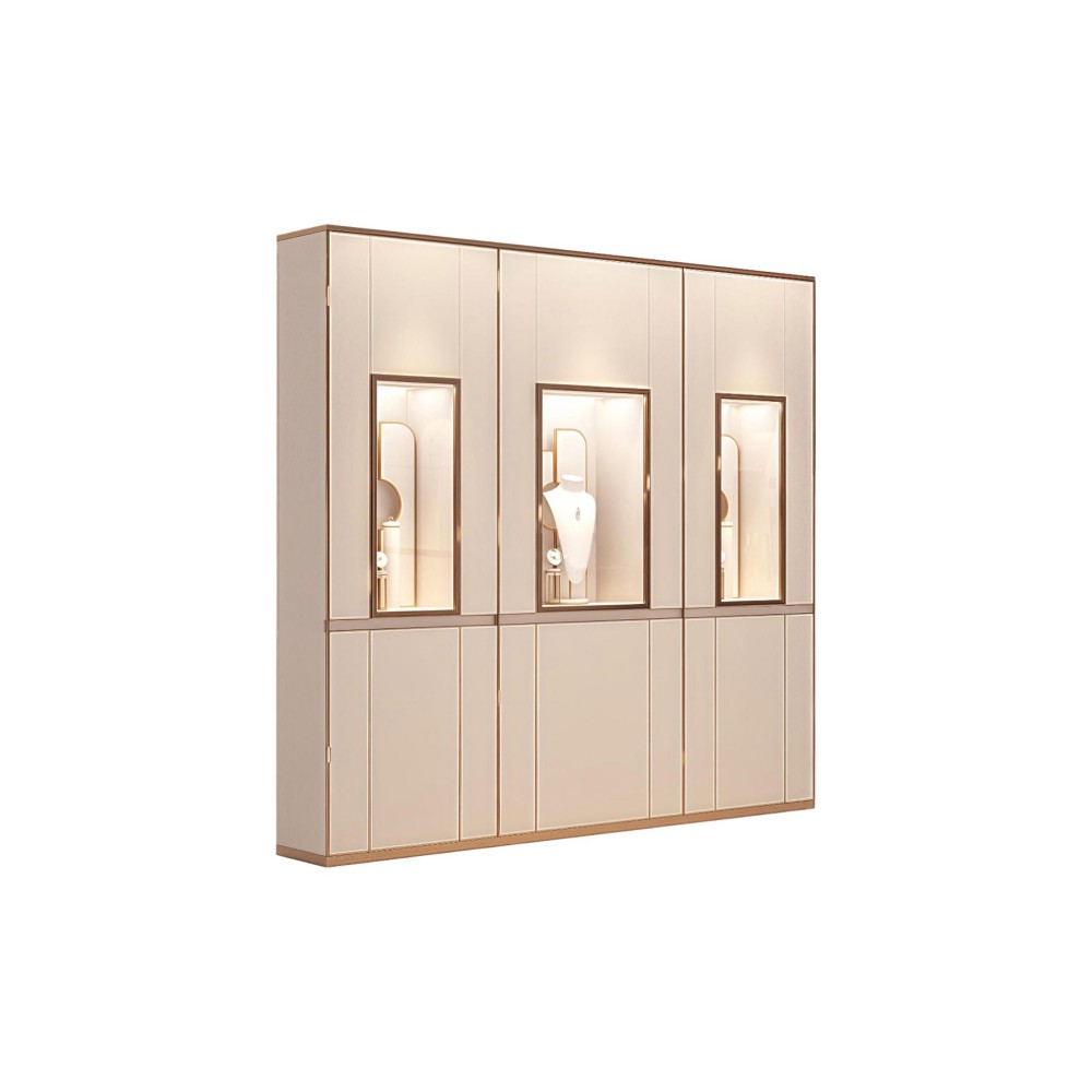 Vitrina de pared DC-79 en laca color champán con ribete de oro rosa, tres ventanas expositoras de cristal retroiluminadas y puertas de almacenamiento inferiores, sobre fondo blanco