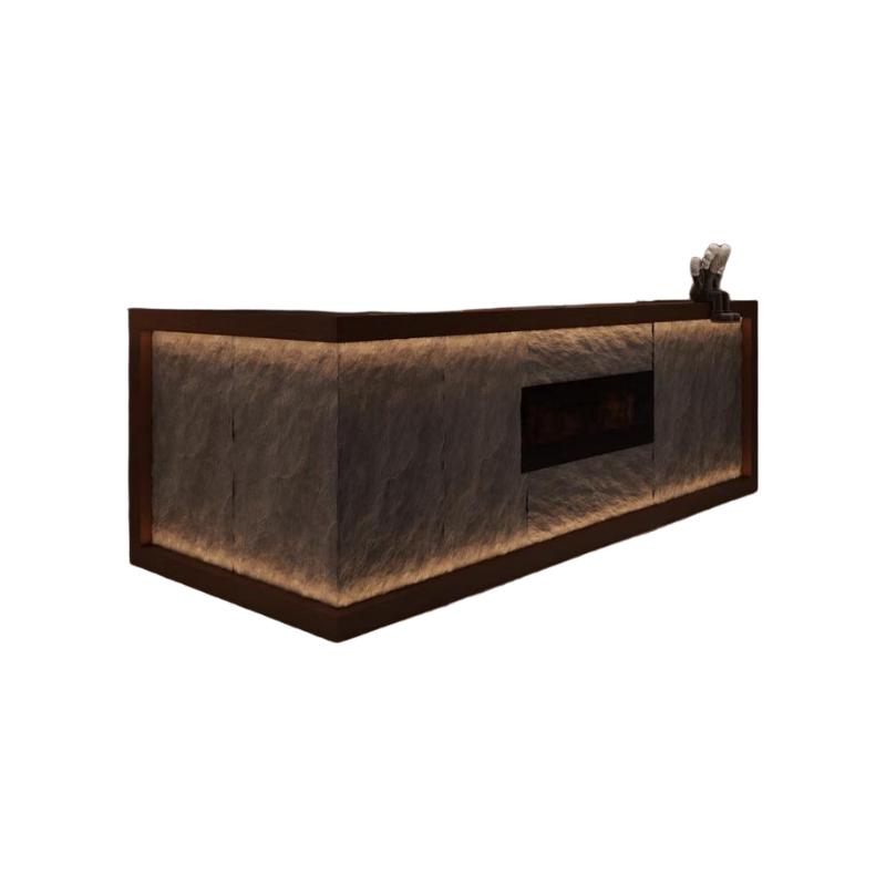 Meja resepsionis dan bar counter walnut dengan backlit split-face stone front serta central recessed display niche, tampak depan di atas latar putih