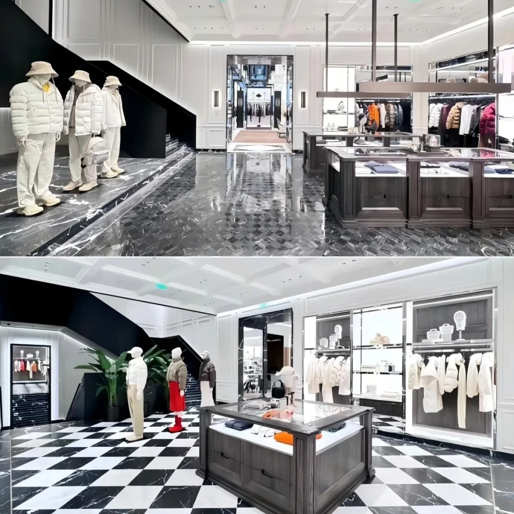 經典展廳內的服裝陳列牆模組與人台陳設:黑色幾何樓梯、白色鑲板與棋盤格大理石