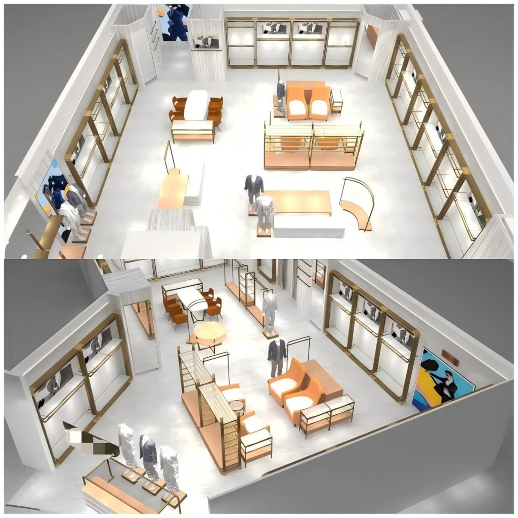 Apparel display case wall system with hanging rails, glass shelves and a gold niche grid for shoes and leather goods