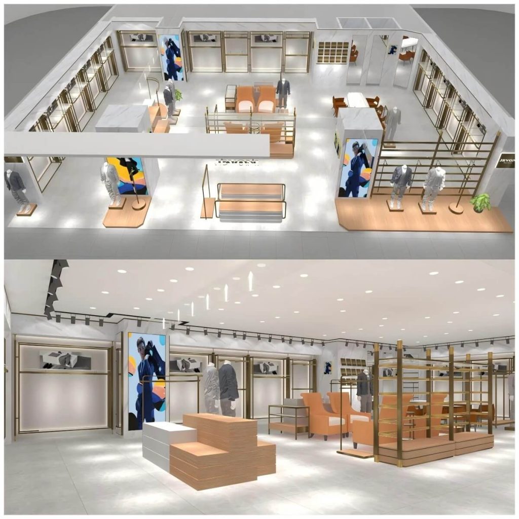 Clothes display stand layout in a menswear store: double-sided islands, stepped riser tables and a lounge corner in burnt orange