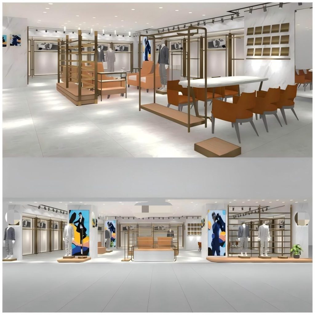 Clothing display rack program for a menswear store: champagne-gold frame bays, oak tiered tables and mannequin plinths in the window line