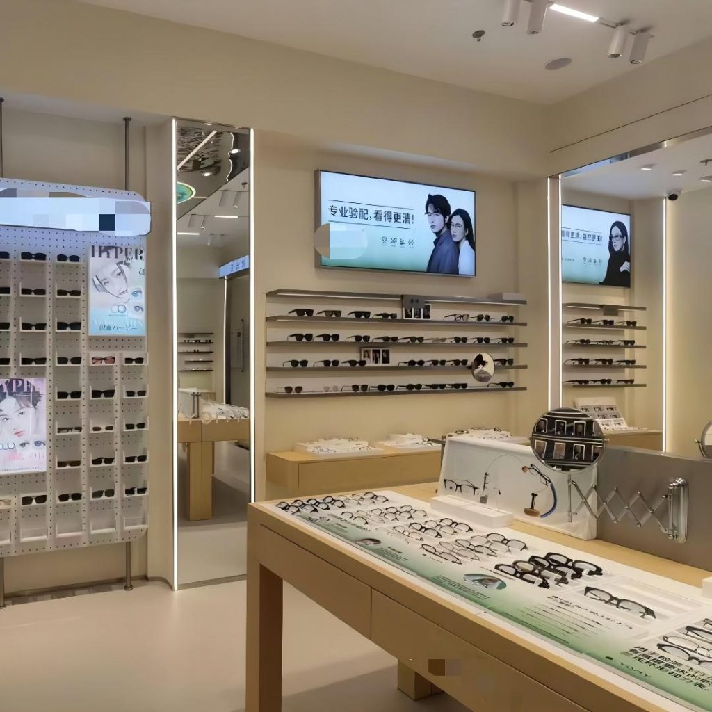 Sunglass display bays with gunmetal shelving, an optical frame island with white trays and a lit try-on mirror