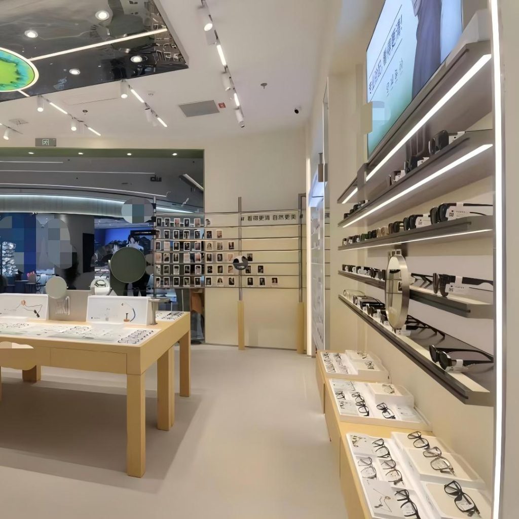 Eyewear store back court: frame island trays, a glass-walled exam room and a service counter with lit signage