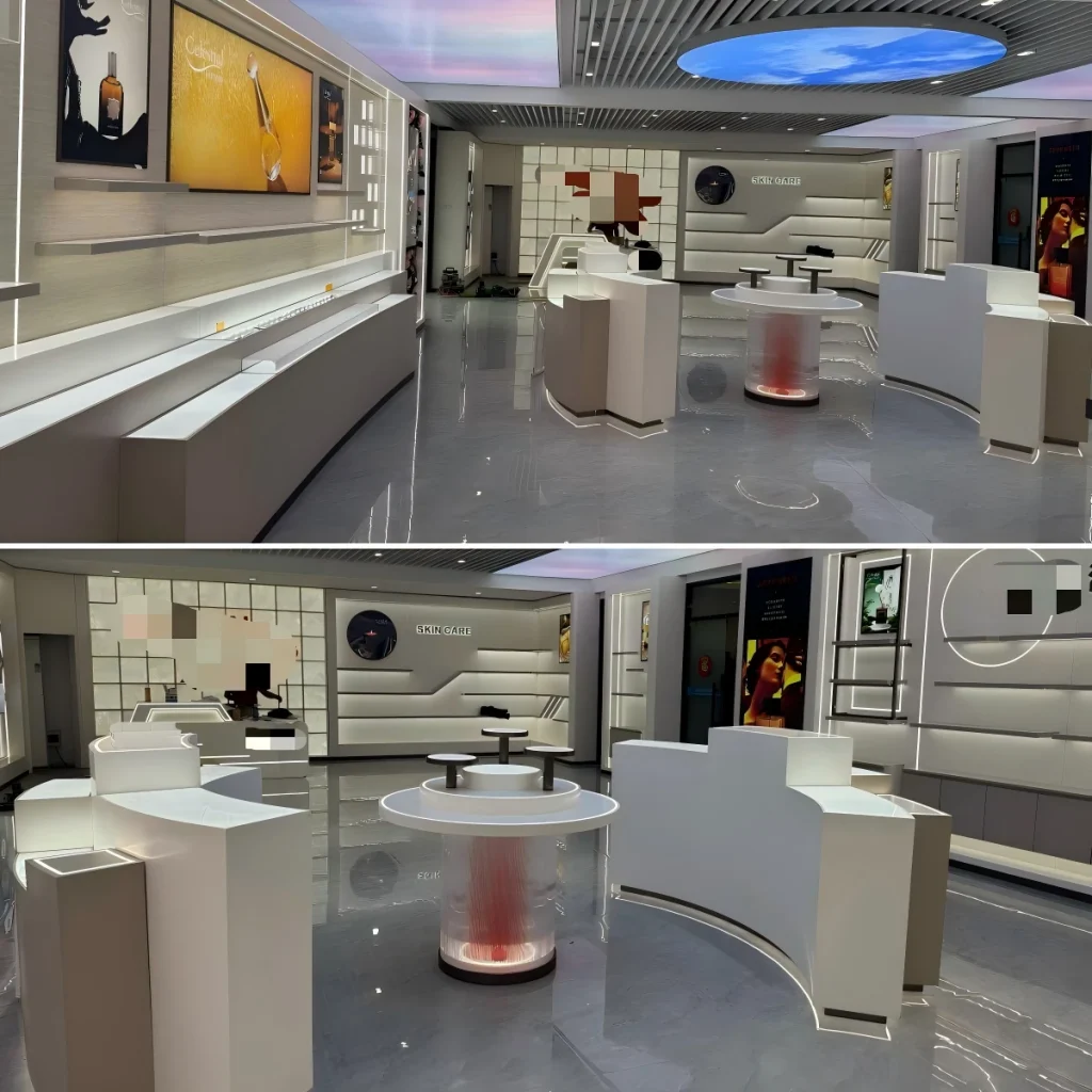 Round-island skincare program: a three-tier glass-hood island under a circular ceiling panel, a gridded brand wall and a curved white service counter
