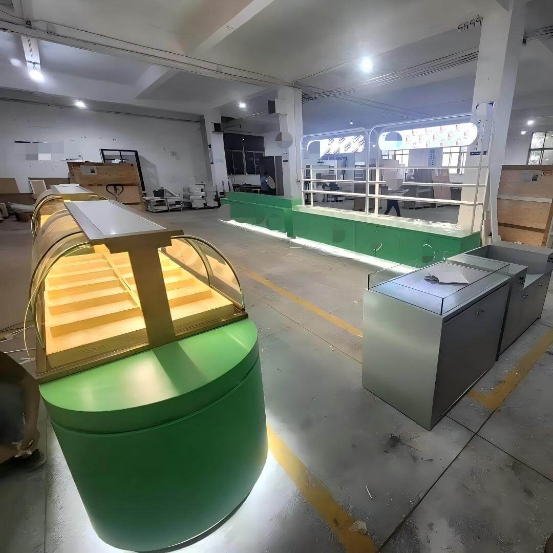 綠色零食與糕點店計畫中的烘焙展示櫃：發光底座上的弧形玻璃穹頂、附拱形燈箱的服務櫃檯、不鏽鋼備料櫃
