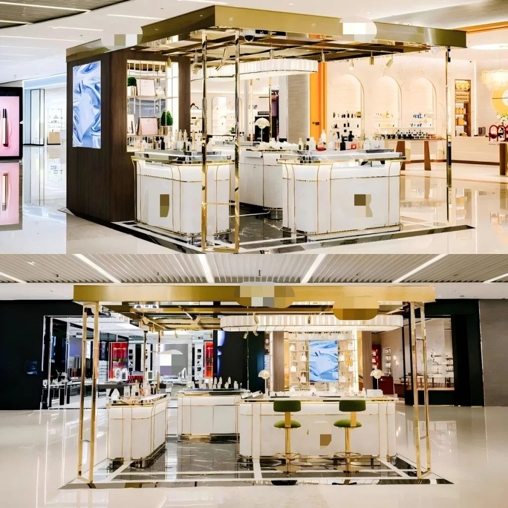 Perfume display cabinet wall in gold frames with backlit ledges behind a curved marble service counter
