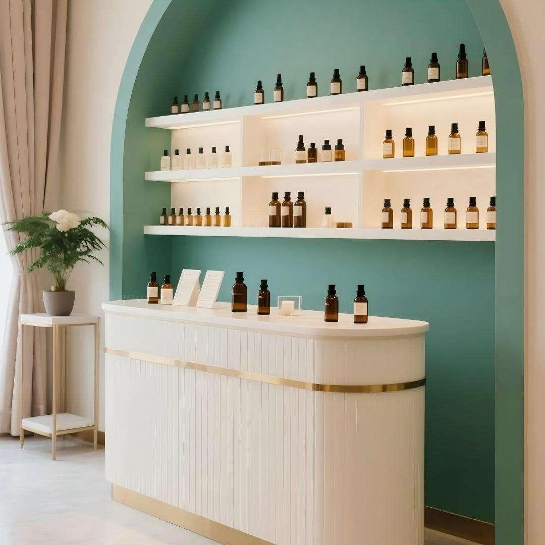 Beauty Salon Fixtures BS-08 — arched sage alcove with backlit shelves