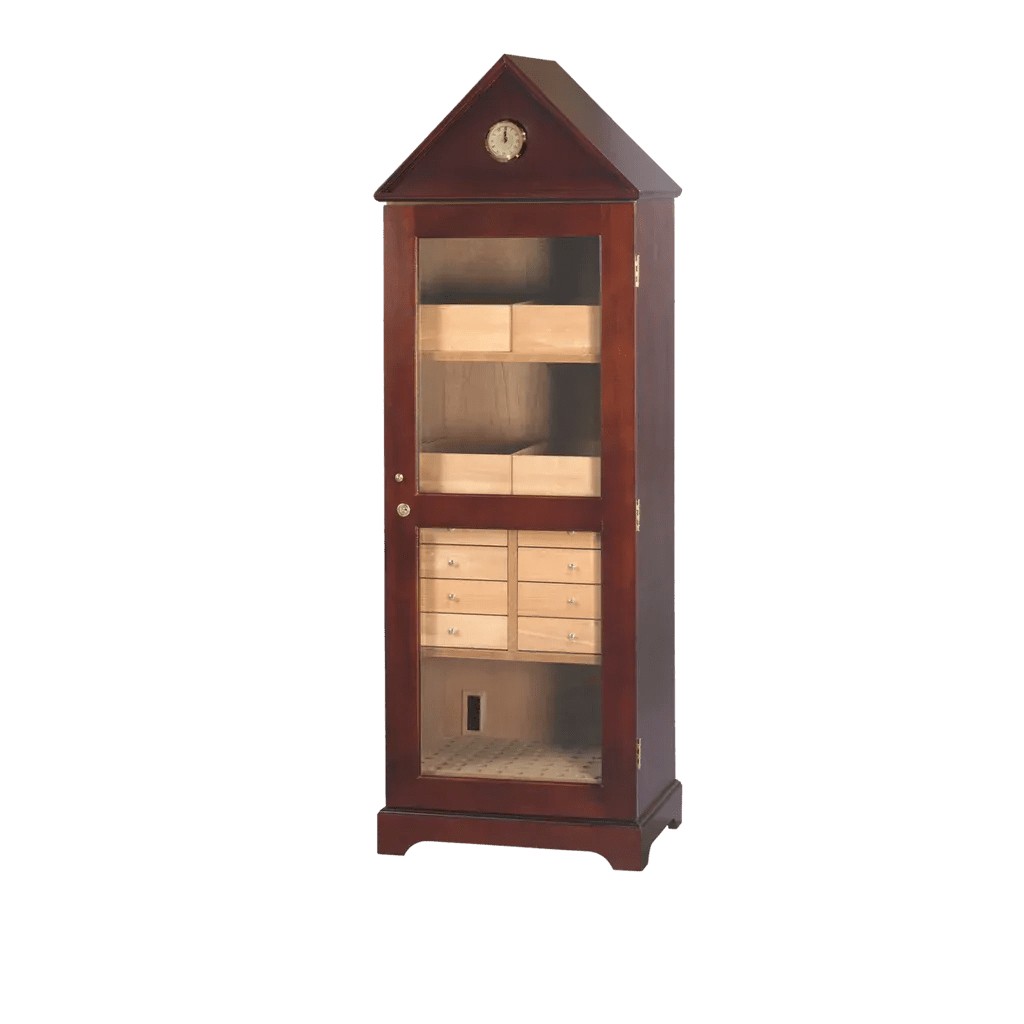 Cigar cabinet with clock on a gable top in dark mahogany, with a glass door and cedar drawers