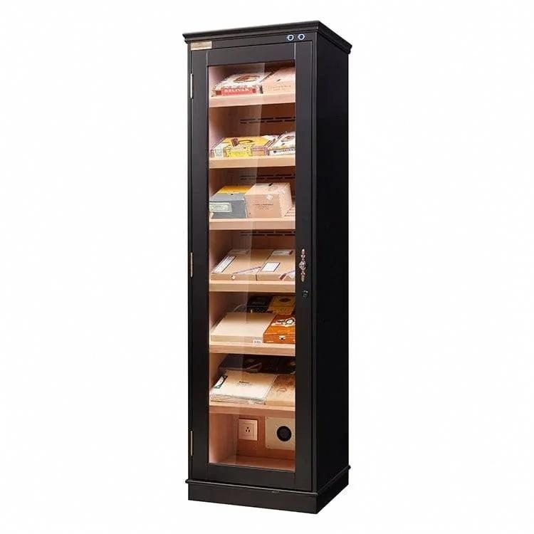 Black cigar display cabinet with a tempered glass door, cedar shelves and cigars on display