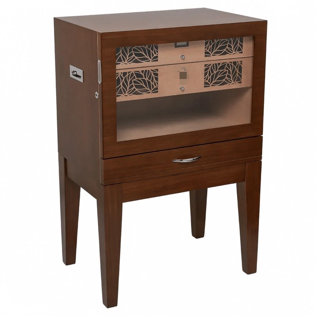 Cigar humidor cabinet in walnut brown with a glass front, two leaf-pattern cedar drawers and a digital hygrometer