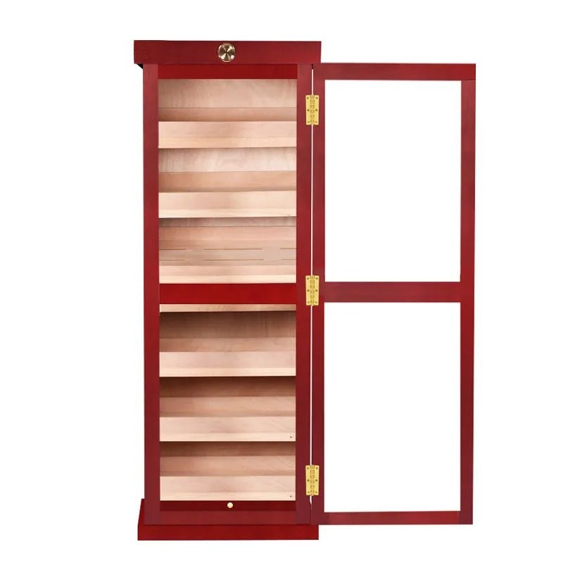 Commercial humidor cabinet in red mahogany with the brass-hinged glass door open showing cedar drawers