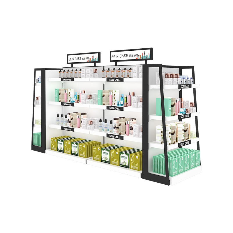 Cosmetic display rack DS-26 three-quarter view of the slanted A-frame end bay with three stepped white shelves