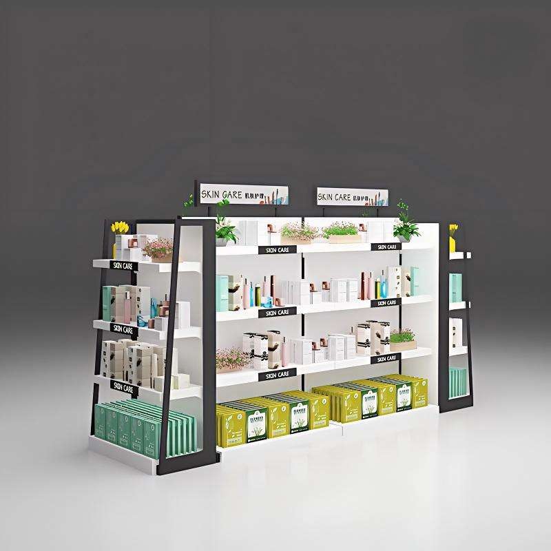 Cosmetic display rack DS-26 in black and white, a freestanding double-sided skincare island with four white shelves and illuminated SKIN CARE header panels, on a white background