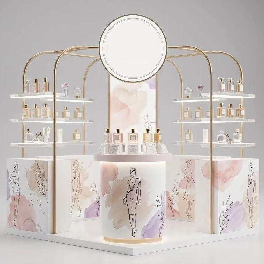 blush watercolor cosmetic display units with champagne arch frame, lit acrylic shelves and a central cylindrical plinth on grey background