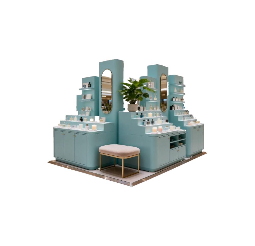 Tiffany blue stepped cosmetic kiosk design with gold arched mirrors, tiered shelves, pink velvet stool and green plants on white background
