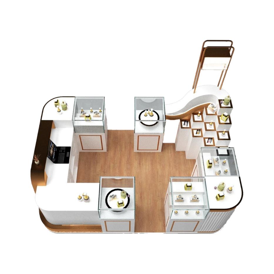 white and rose gold cosmetic kiosk in mall seen from above, four glass showcases, wavy cubby wall and an elevated lightbox frame